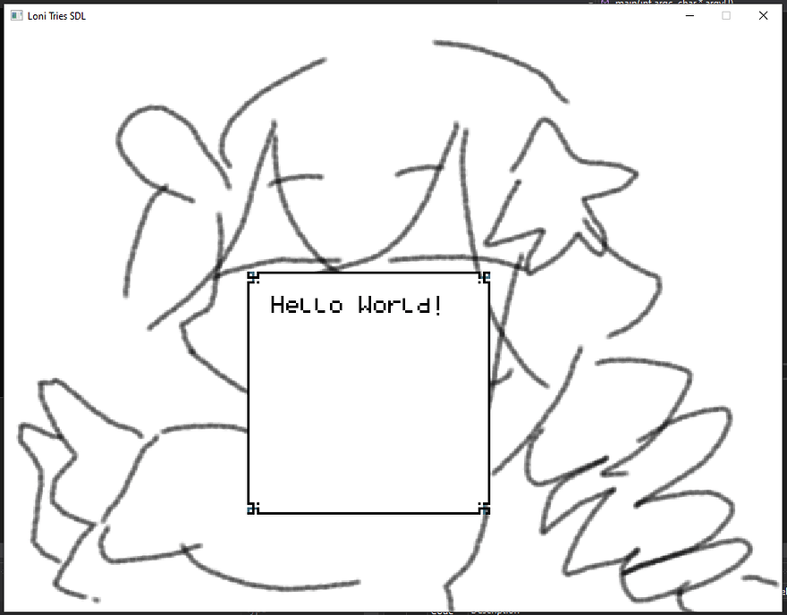 a plain window, with a doodle for a background, and a message box that says "hello world!"