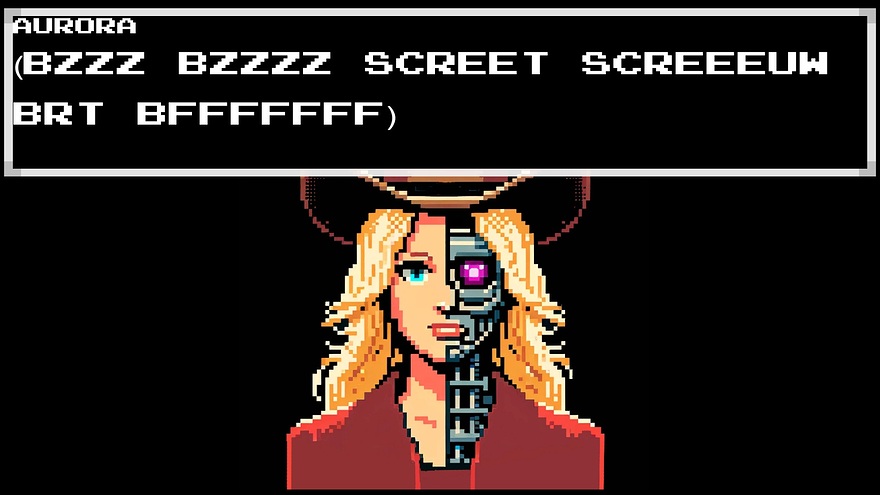 Pixel art of a blonde white woman with a half-robotic face wearing a red coat and a cowboy hat.  A dialogue box reads "BZZZ BZZZZ SCREET SCREEEUW BRT BFFFFFFF".