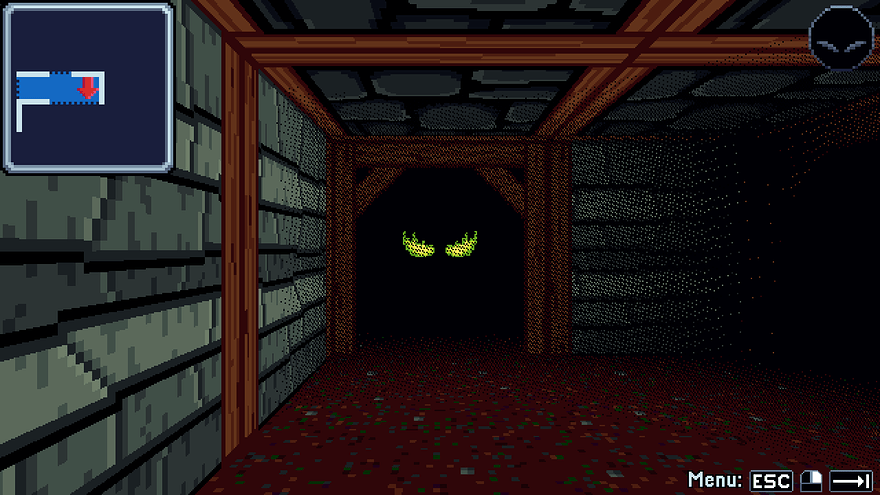 The same shot as above, but the lighting is smoother, the far right corner is in deeper shadow, and the eyes are brighter and less dithered.
