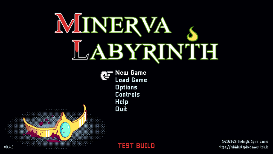 2025-01-31T19_43_12 Minerva Labyrinth title screen.  The title banner is in brightly glowing green letters with a flame icon over the T.  The M is colored red and is "bleeding" into the black L.  In the lower left is a gold tiara or headband set with a large blue gem, lying in a dithered grey spotlight and splattered with blood.