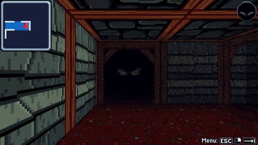 First-person view of a mine with a dirt floor.  Ahead is a dark passage with heavily dithered green eyes peering out.  The floor ahead and to right are dithered with several layers that are visibly stratified.